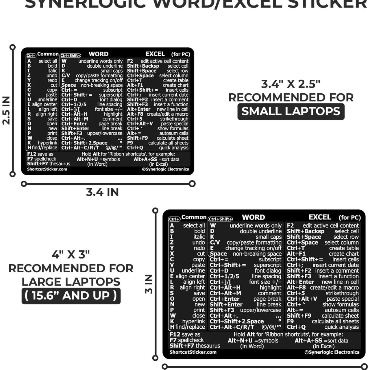 Premium Shortcuts Stickers for Excel, Word, Photoshop & Windows - Mac OS Compatible - Pack of 5
